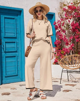 Soft Knit 2-Piece Lounge Set with Short Sleeve Top & Wide Leg Pants